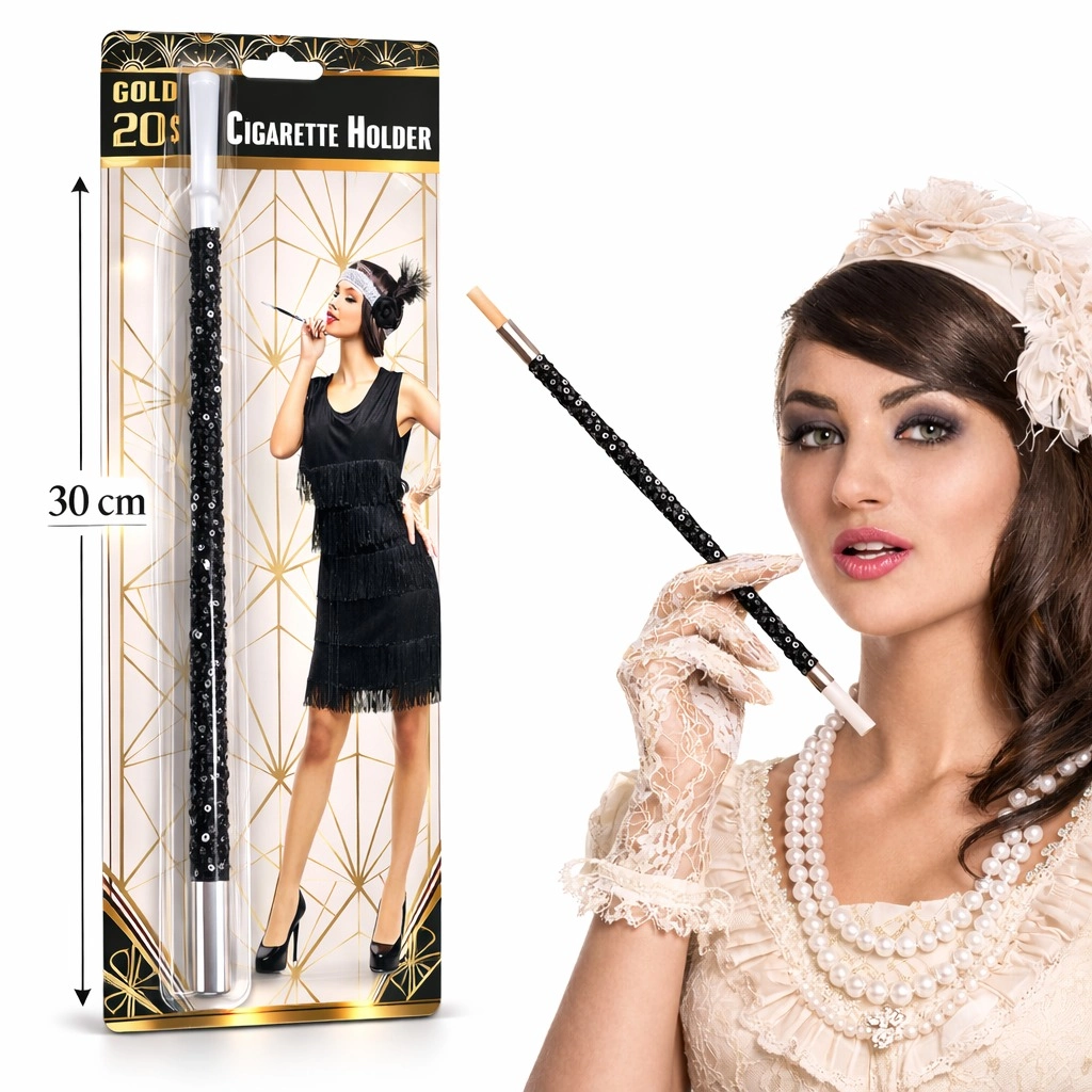 Şık Vintage Siyah Payetli Tutacak 30 cm Gatsby Partisi Aksesuarı