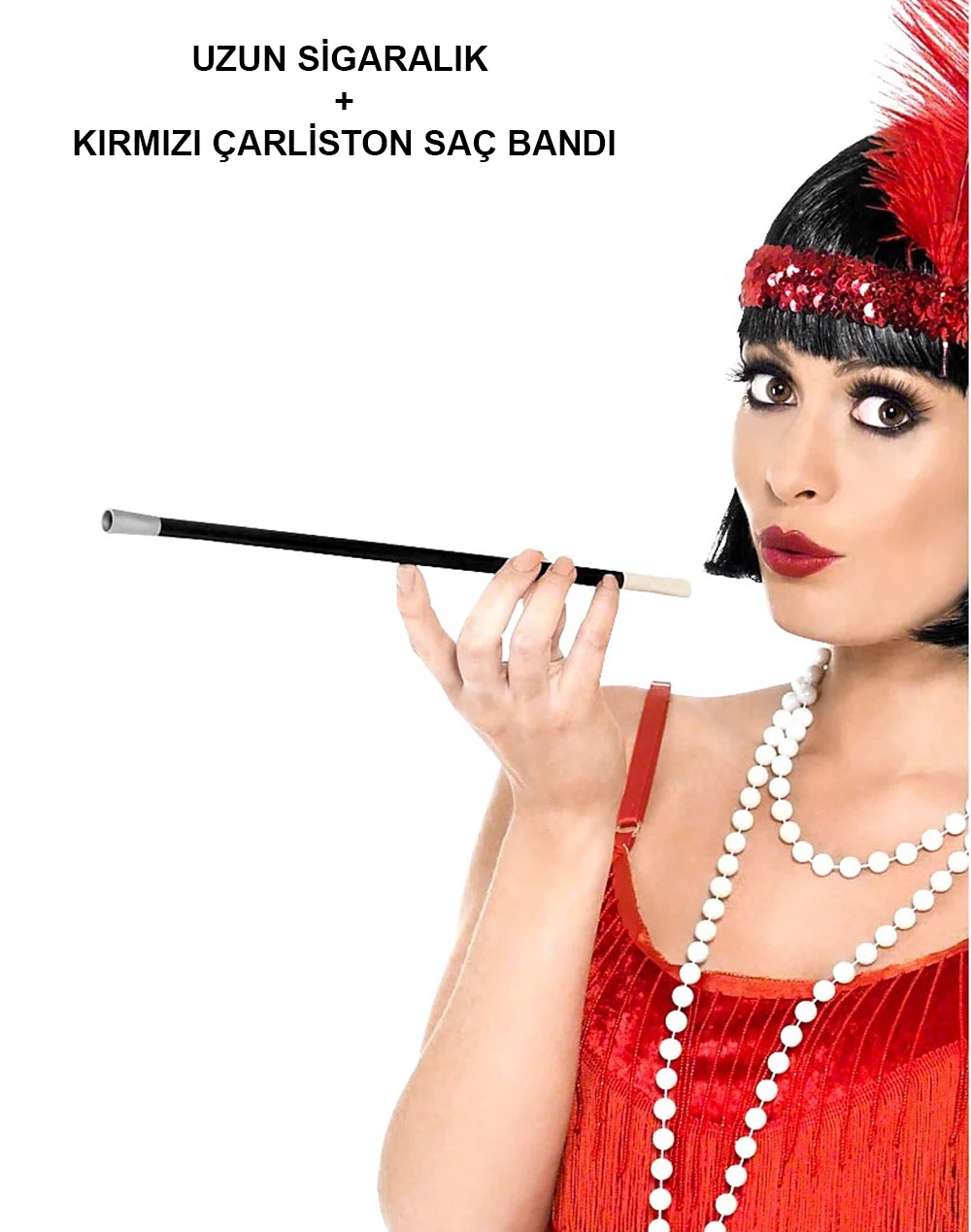 Gatsby Tarzı Kadın Aksesuar Seti Kırmızı Saç Bandı ve Sigaralık