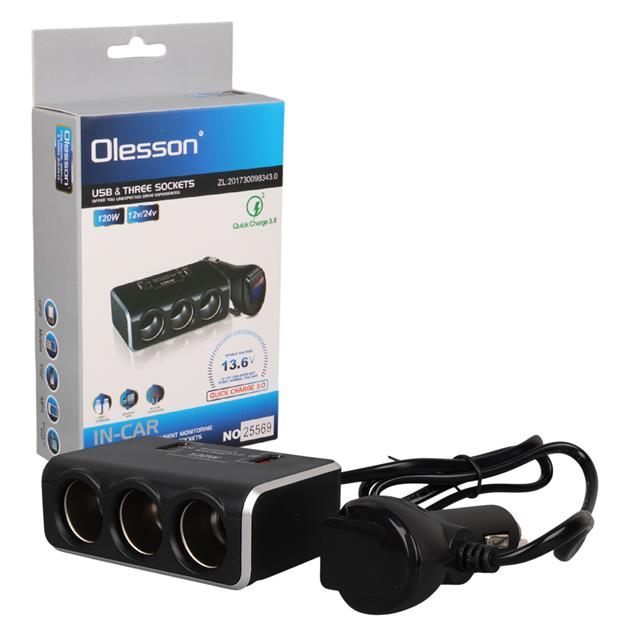 Olesson 1639 12-24V Çift USB Girişli Hızlı Şarj Destekli 120W 80cm Kablolu Dijital Voltaj Ekranlı 3’lü Araç Çakmak Çoklayıcı
