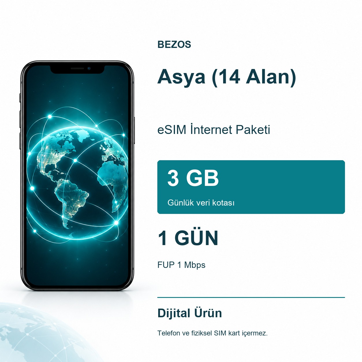Asya (14 Alan) eSIM İnternet Paketi Günlük 3 GB 1 Gün - FUP 1 Mbps