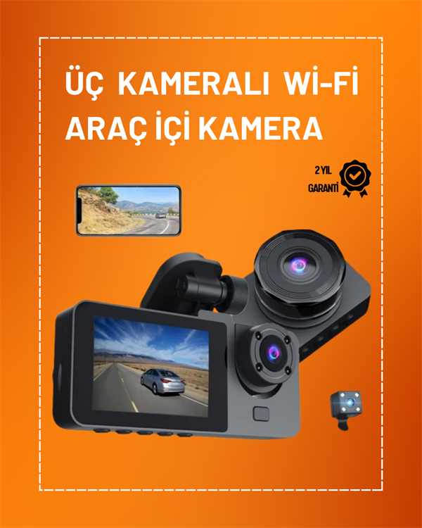Full HD Çözünürlüklü Üç Kameralı Araç İçi Kamera – Park ve Sürüş Güvenliği