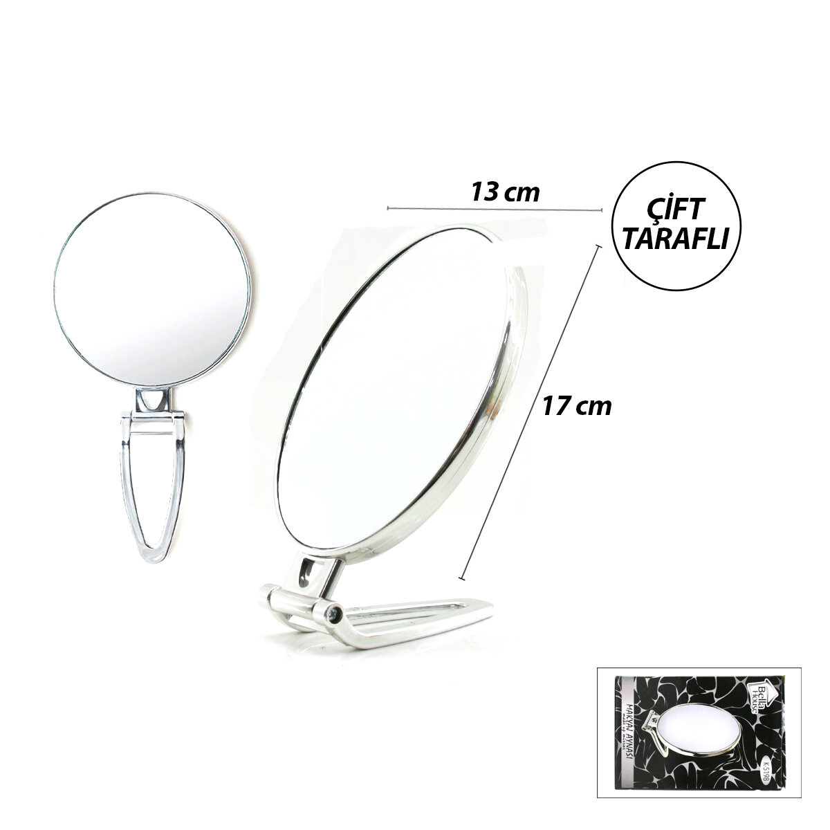 Oval - Gümüş 6.5 INC=16.5X13CM Makyaj Aynası Çift Taraflı Katlanır Ayaklı