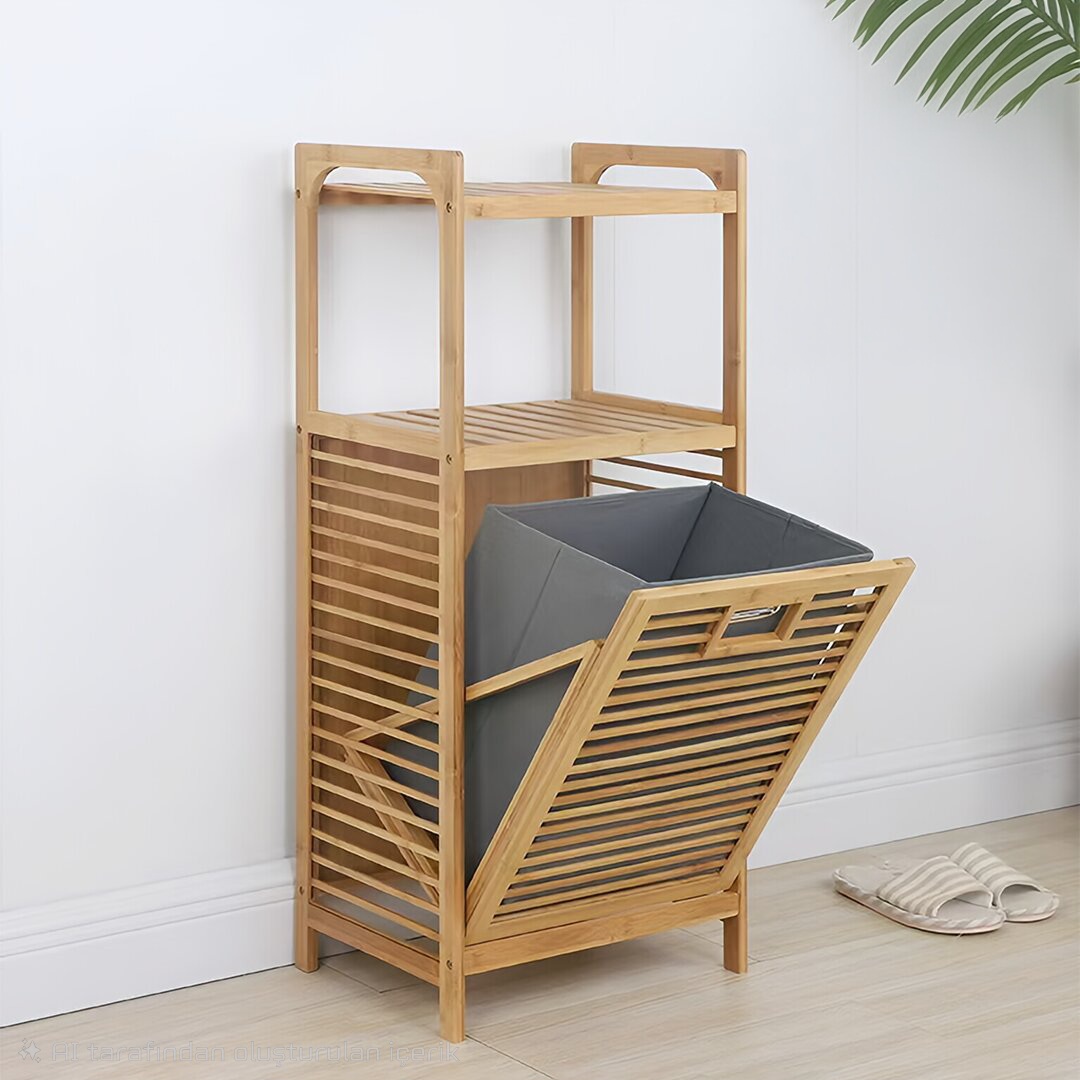 2 Organizer Raflı - Çek Aç Sepet Ahşap Bambu Kirli Çamaşır Sepet 40X35X95CM