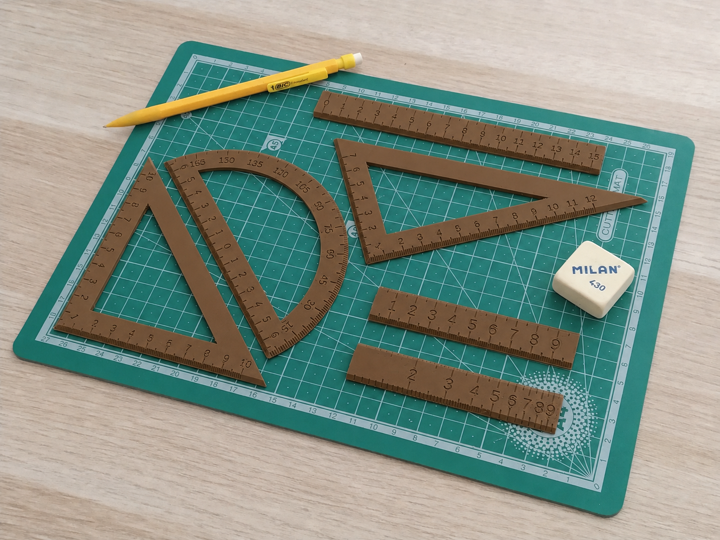 3D Baskı Geometri Cetvel Seti - İletki, Gönye ve Ölçüm Araçları - Kahverengi