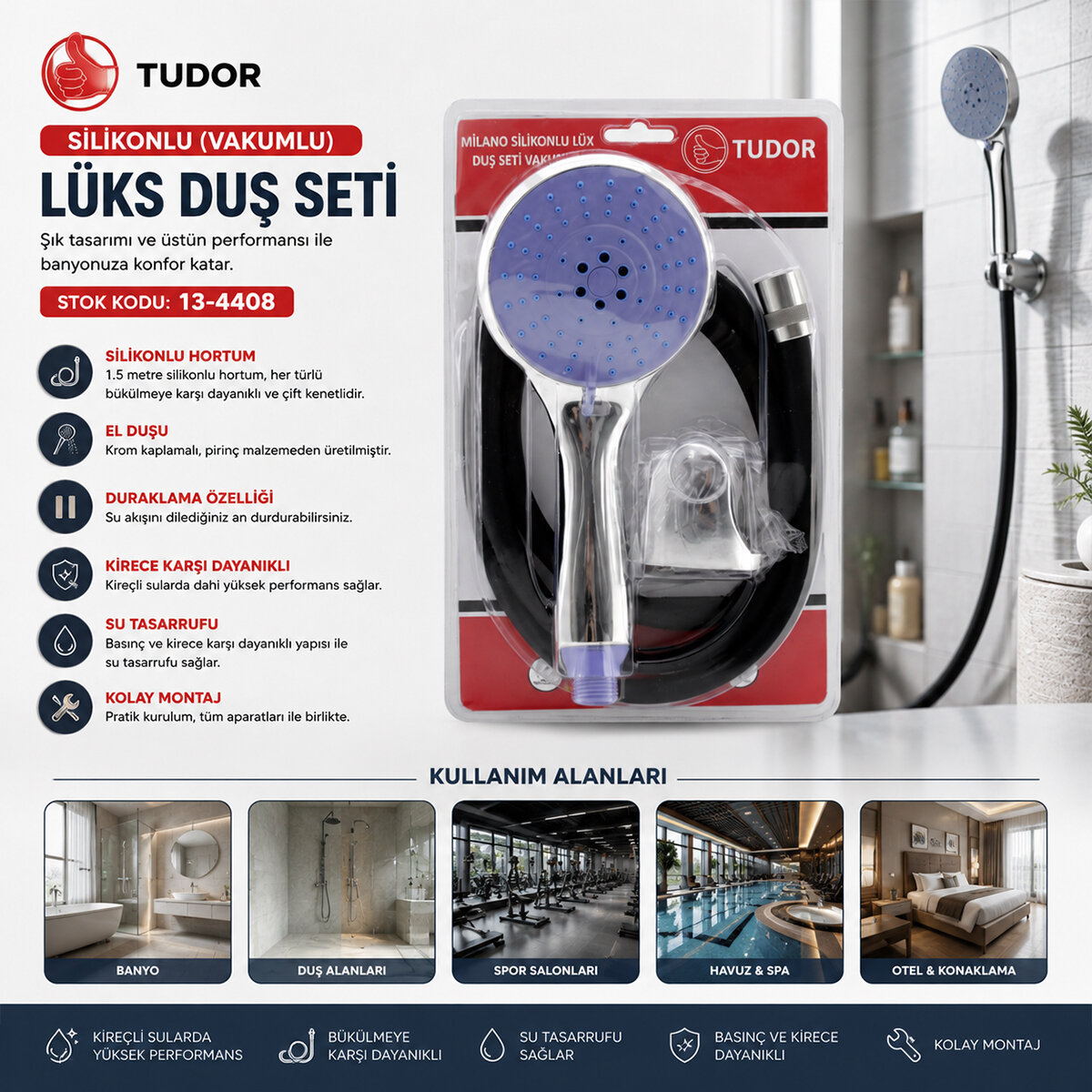 Milano Vakumlu - Silikon Lüks Duş Seti Duş Başlık=mix Silikon HORTUM=1.5MT MAFSAL=3 Kademe