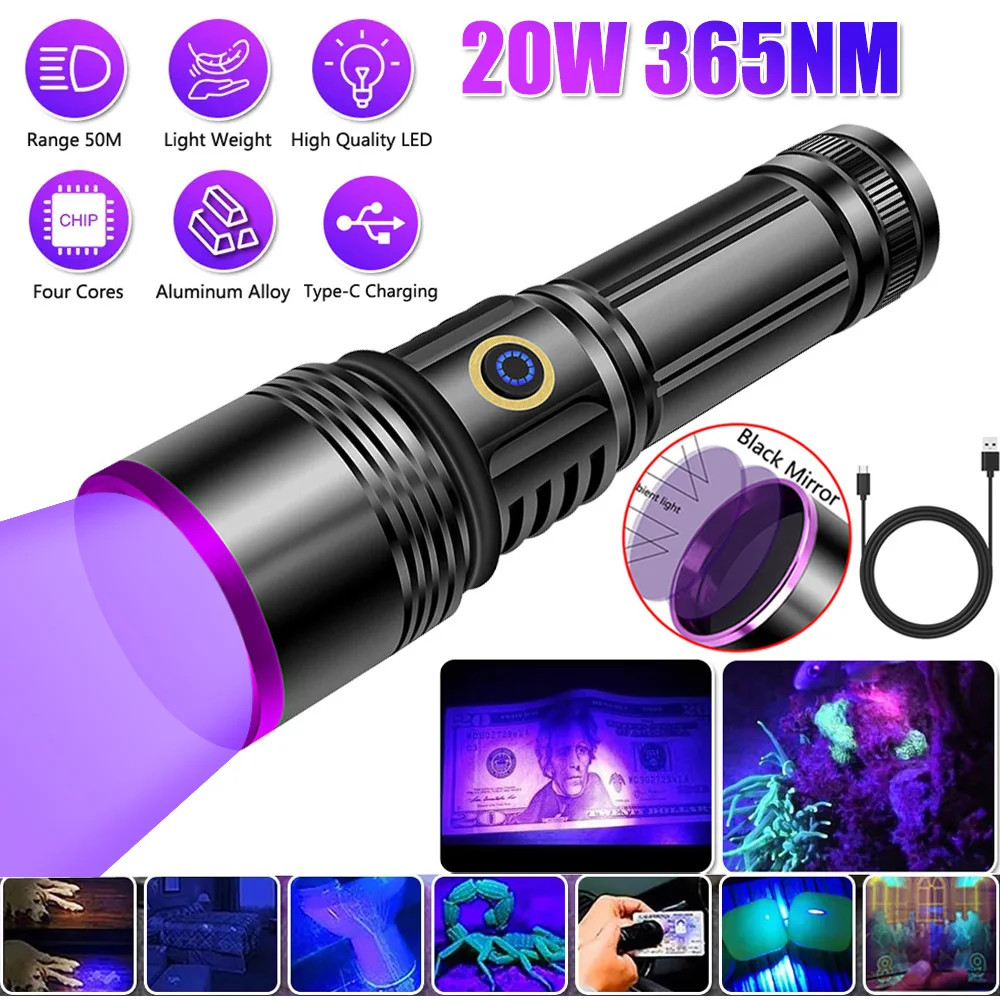 F-365 UV LED Mor Işıklı 20Watt Şarjlı 26650 Pilli Profesyonel El Feneri