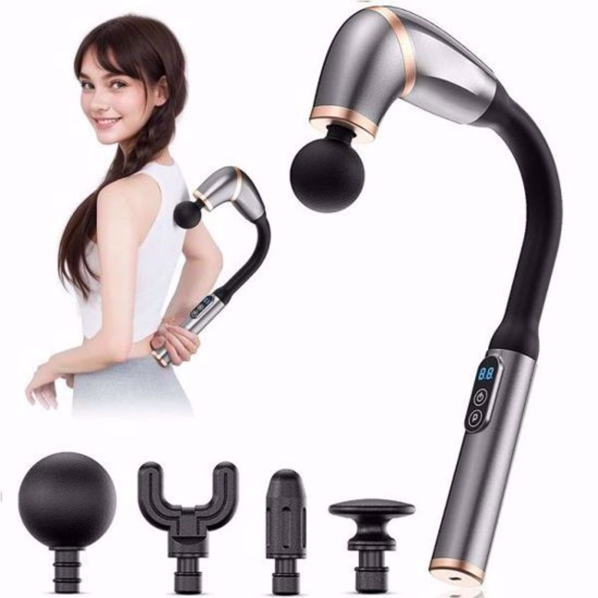 4 Farklı Başlıklı Uzun Saplı Derin Doku Masaj Tabancası, Boyun, Omuz ve Sırt için Ergonomik Saplı Çoklu Masaj Modlu Taşınabilir Masaj Aleti