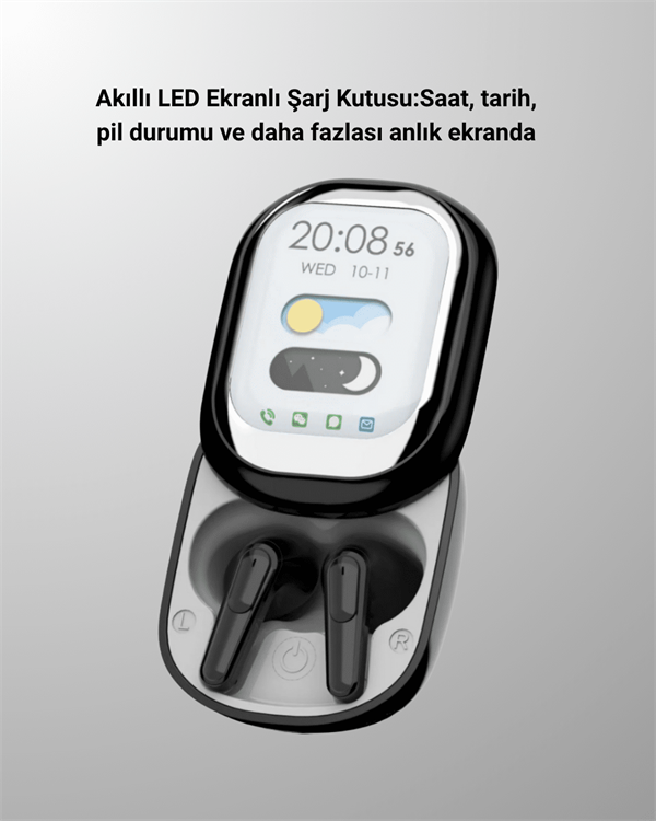 Akıllı Ekranlı Bluetooth 5.4 Kablosuz Kulaklık – Dokunmatik ve Şarj Kutulu