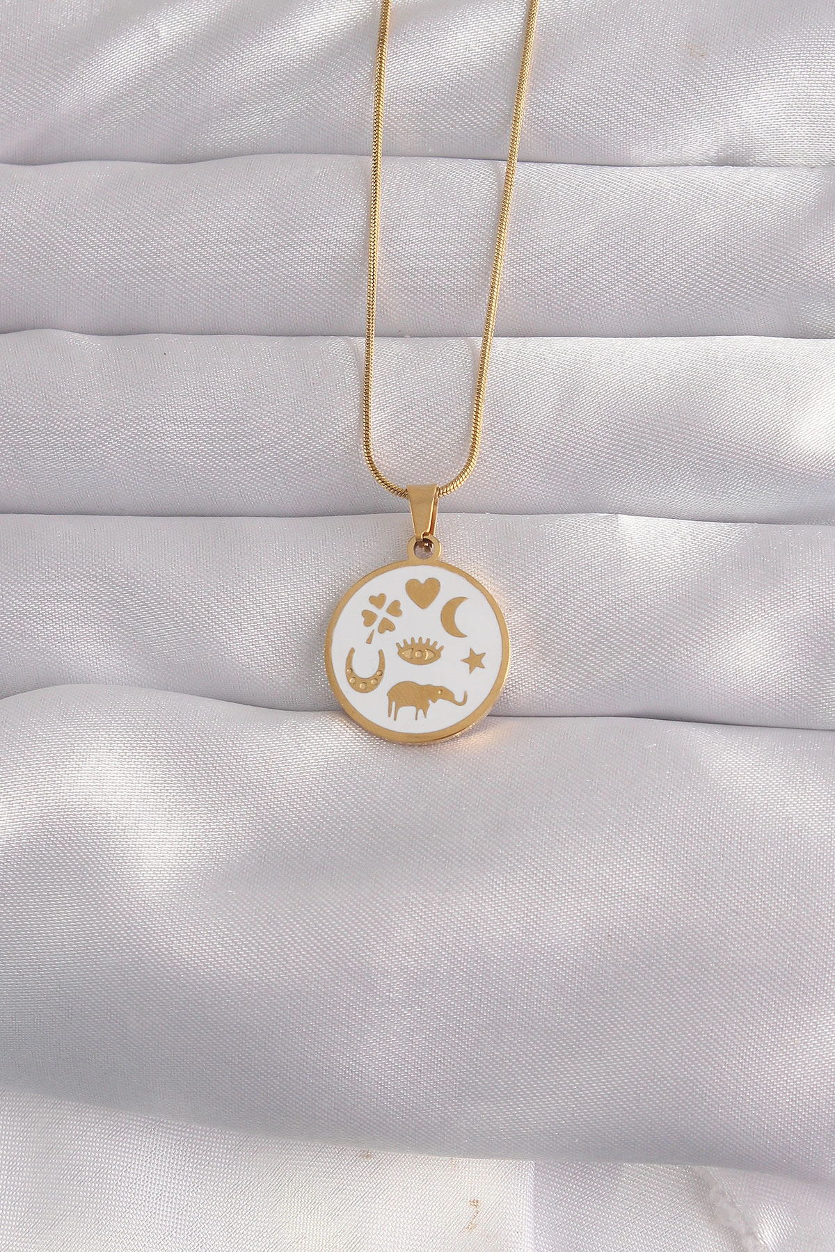 Gold Renk Beyaz Mineli Figürlü Tarot Kolye