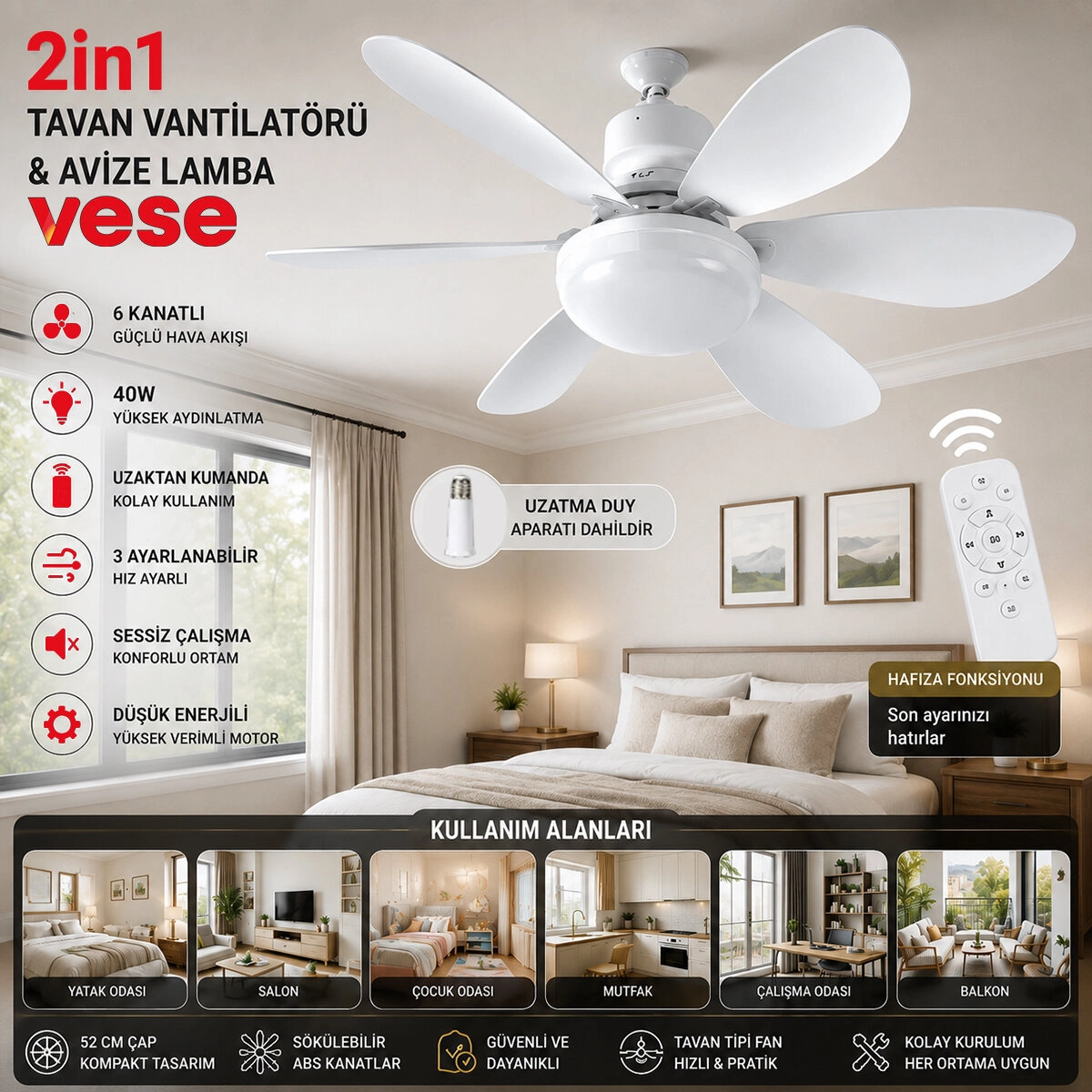 Kumandalı Tavan Vantilatör ve Avize Lamba 40W