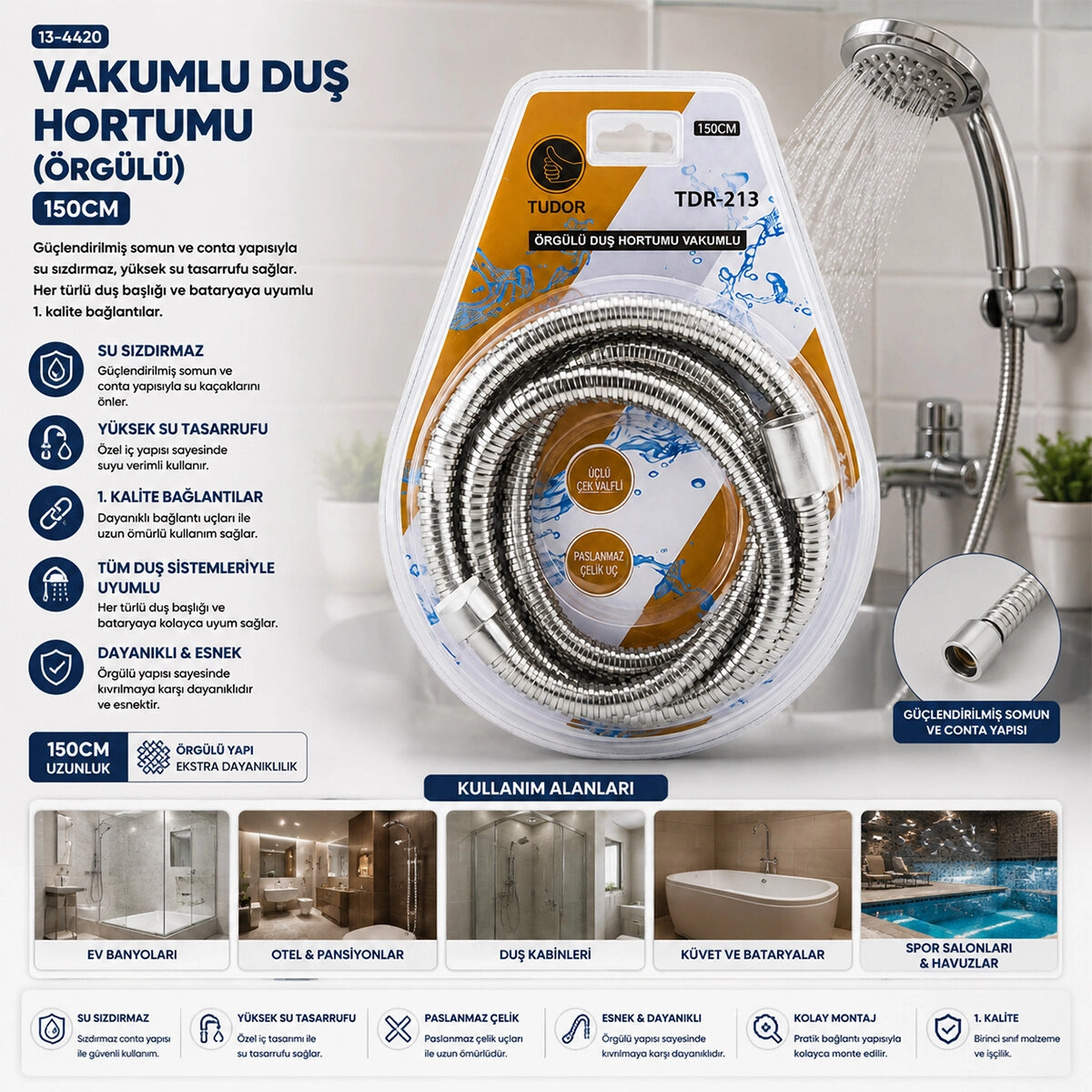 Örgülü Vakuumlu Duş Hortumu 150 cm Krom Malzeme