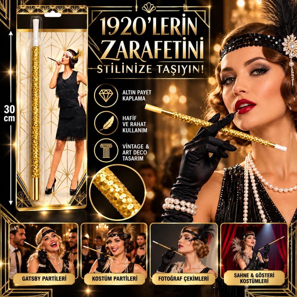 Gatsby Tarzı Altın Gold Payetli Tutacak 30 cm Parti Aksesuarı
