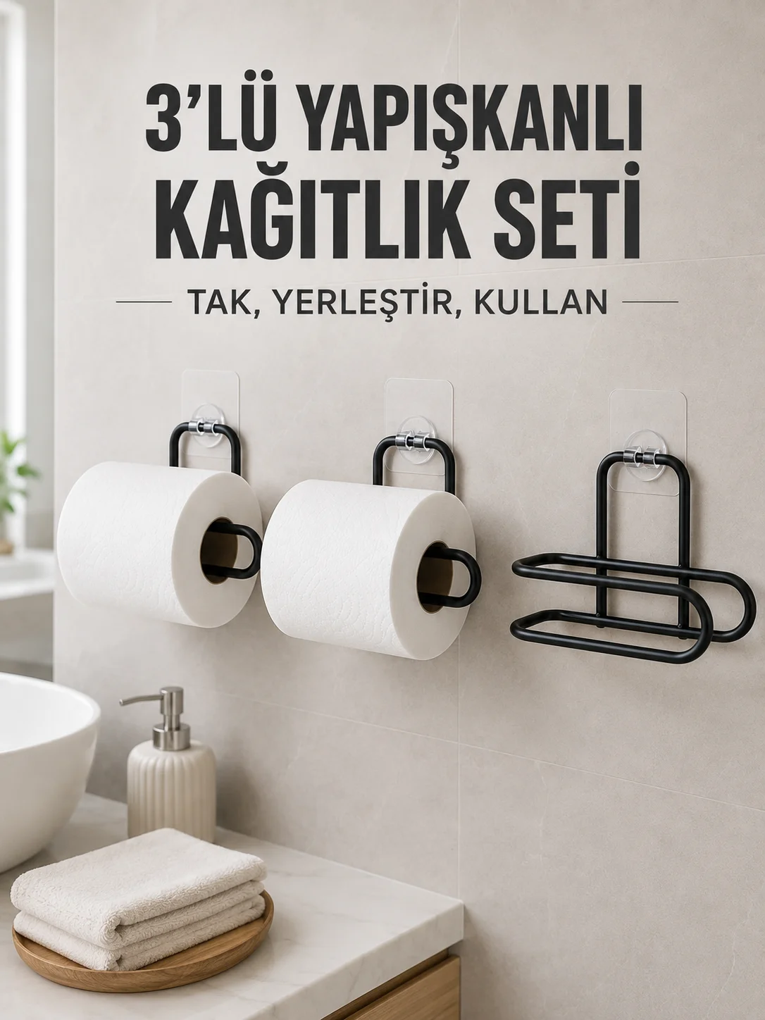 3’lü Siyah Duvar Tipi Kağıtlık Seti Yapışkanlı Pratik Rulo Tutucu