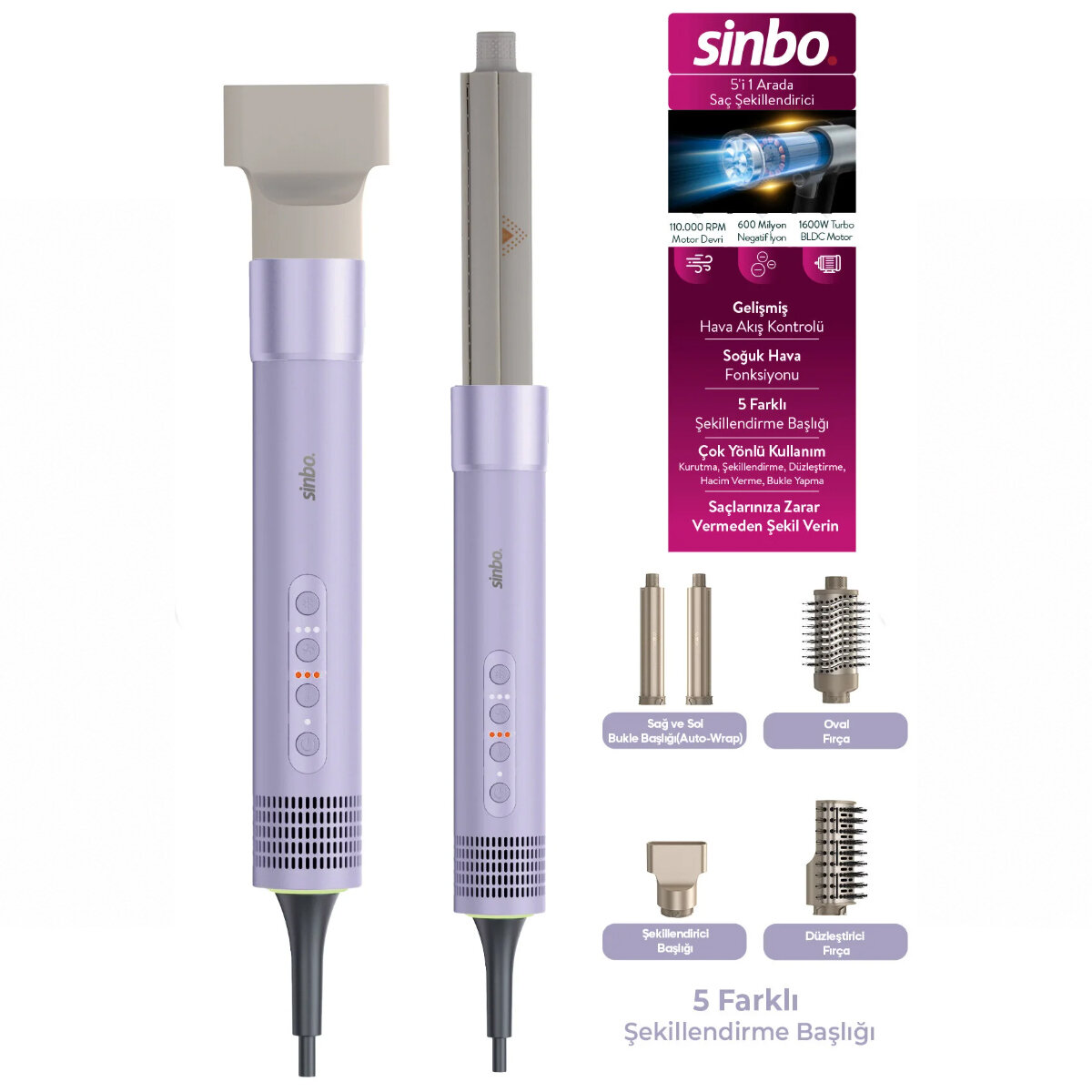 Saç Şekillendirme Cihazı 110.000RPM 5 Başlık - 3 Hız - Sıcaklık Ayar SHD-1760