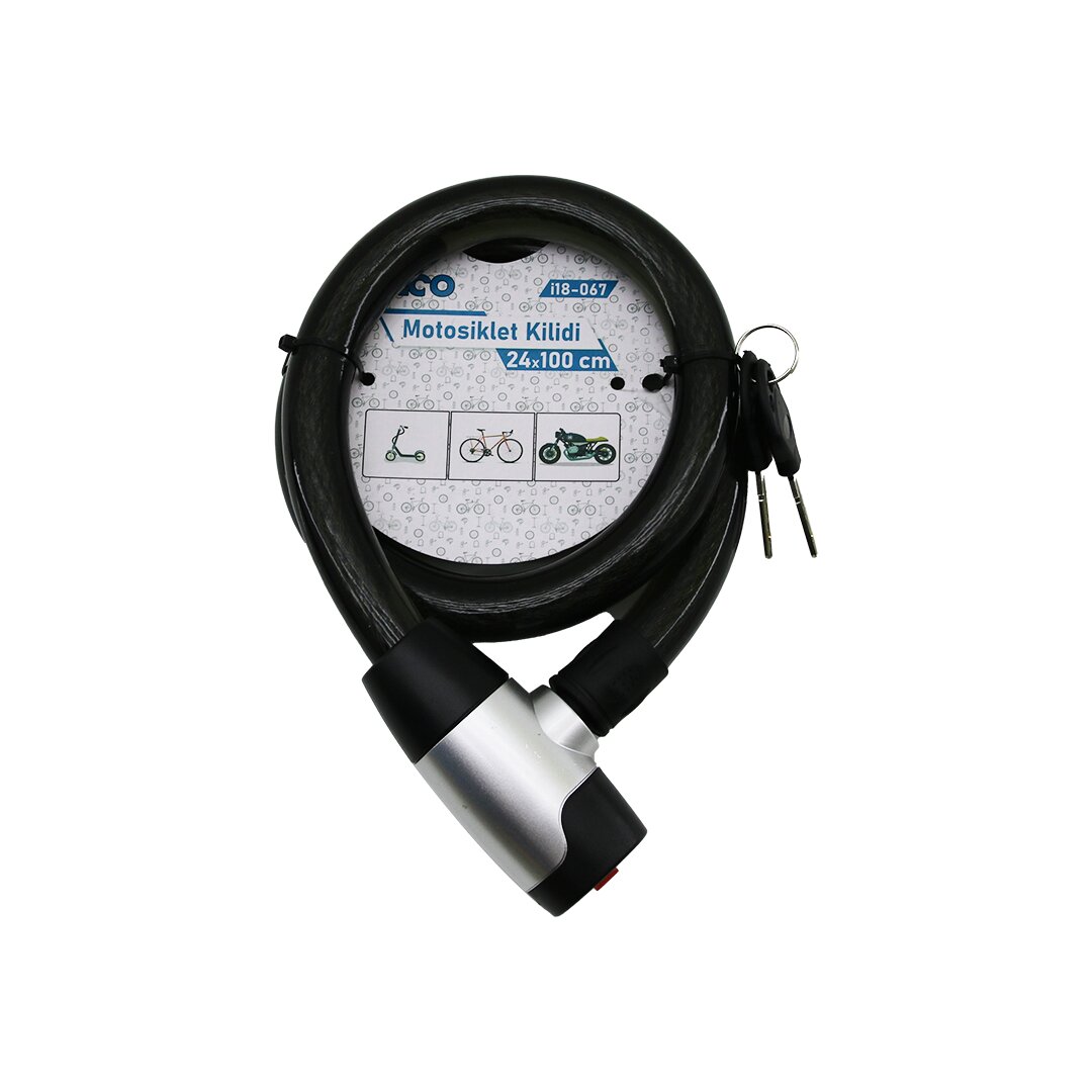 Anahtarlı Metal Kaplama Kafa Çek-it Kilit Kapak Motor - Bisiklet Kilit Çelik Tel Siyah Şeffaf Kılıf 24MMX100CM
