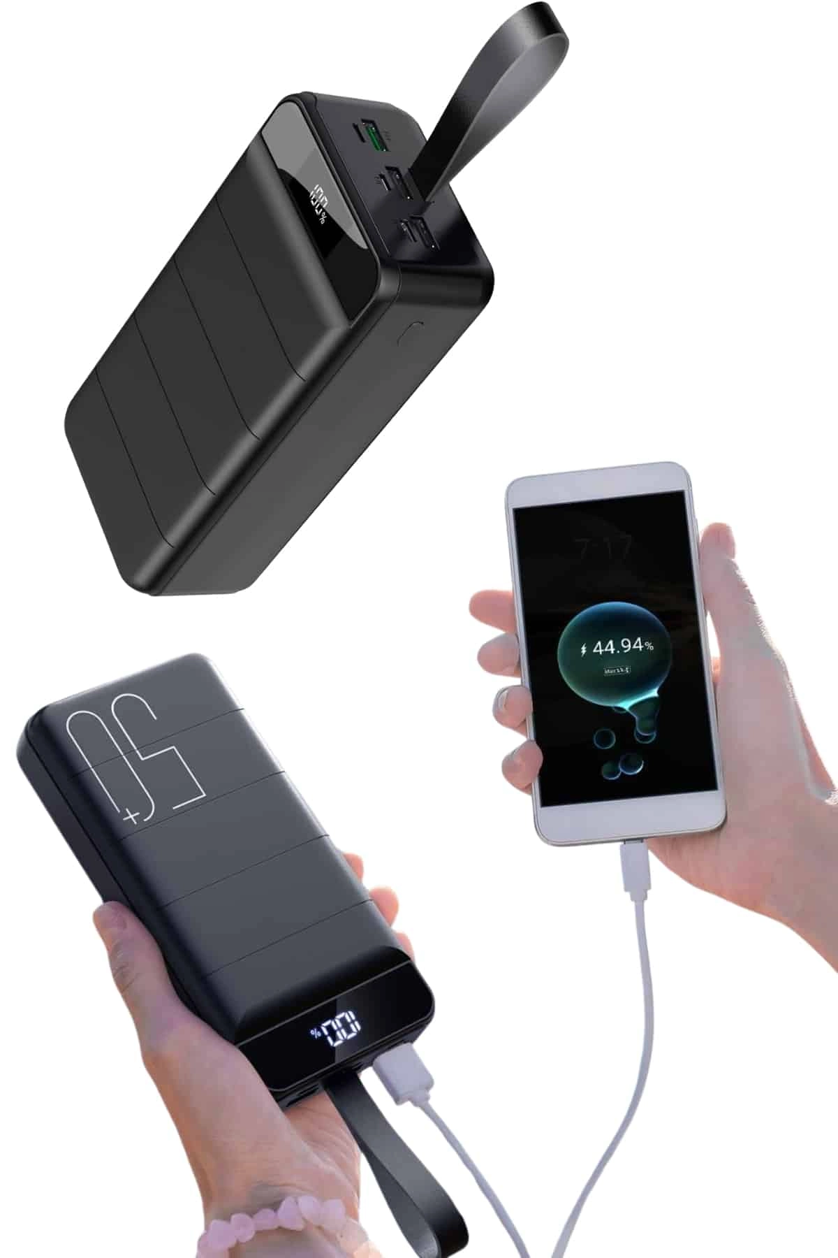 Siyah Taşınabilir Powerbank 50.000 mAh 4 Girişli Hızlı Şarj Fenerli