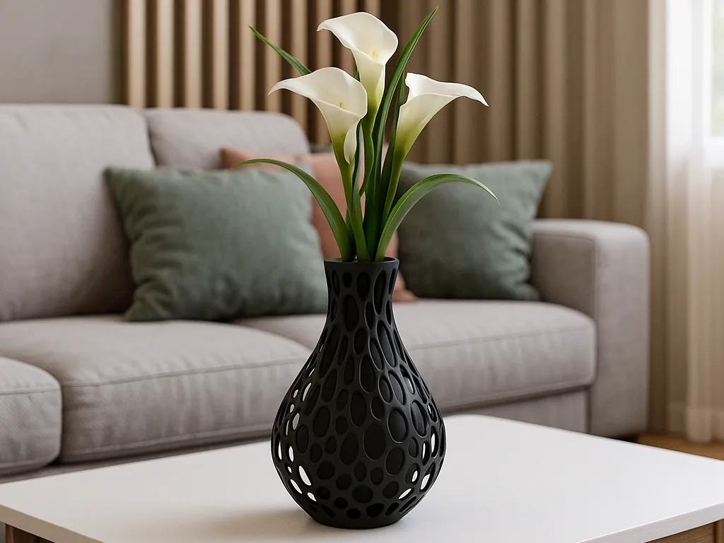 3D Baskı Delik Desenli Dekoratif Vazo Modern Petek Dokulu Kuru Çiçek Vazosu Heykelsi Obje Siyah