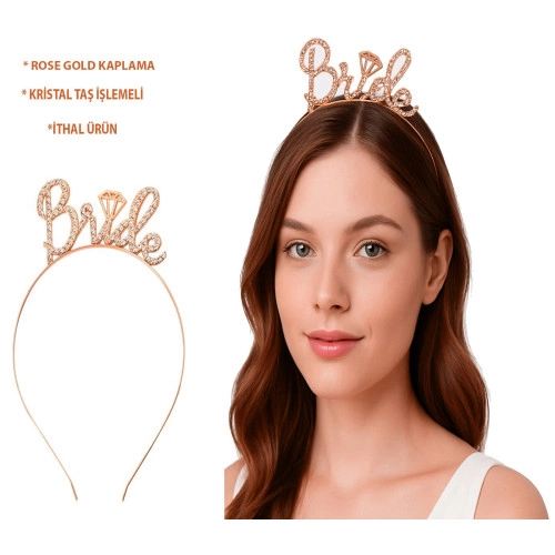 Şık Rose Gold Renkli Taşlı Bride Gelin Tacı