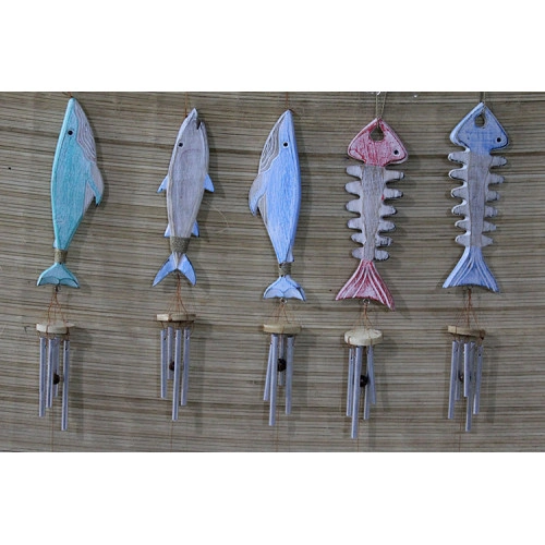 Doğal Ahşap Balıklı Metal Çan 70 cm Dekorasyon