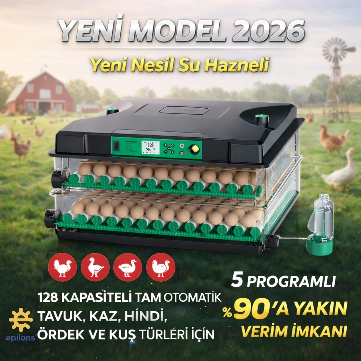 FX128 Model Tam Otomatik Kuluçka Makinesi - Çift Katlı, Çift Güç Sistemli, Su Hazneli Yeni Nesil İnkübatör