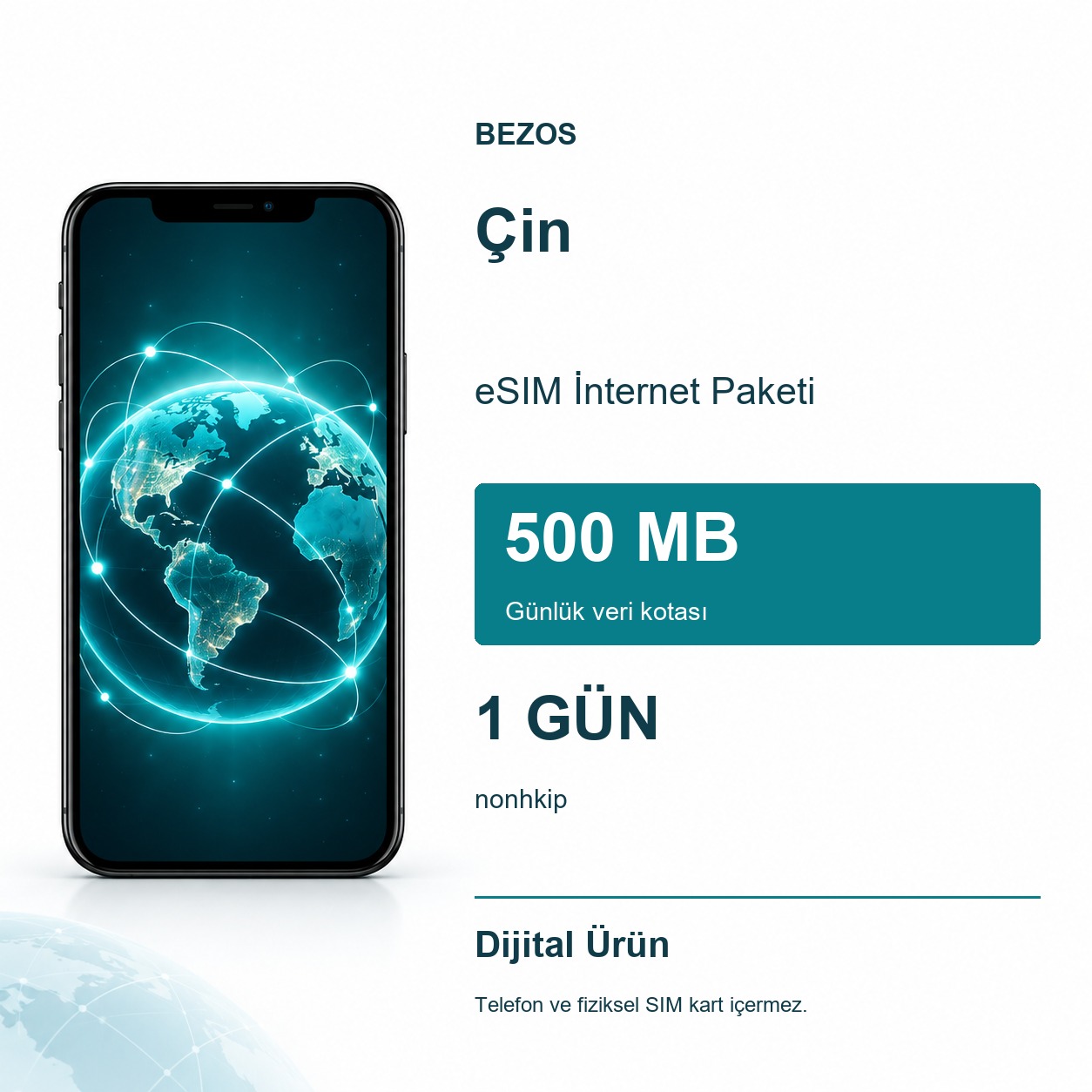 Çin eSIM İnternet Paketi Günlük 500 MB 1 Gün - nonhkip