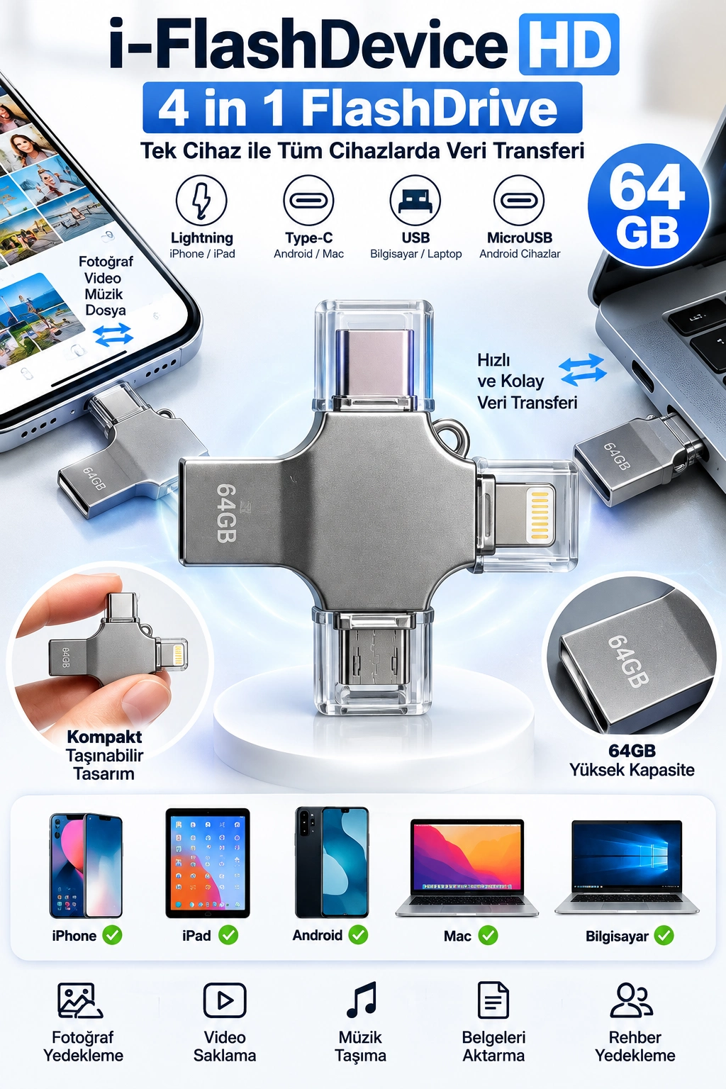 Pratik 4'ü 1 Arada 64GB Flash Bellek Taşınabilir Depolama