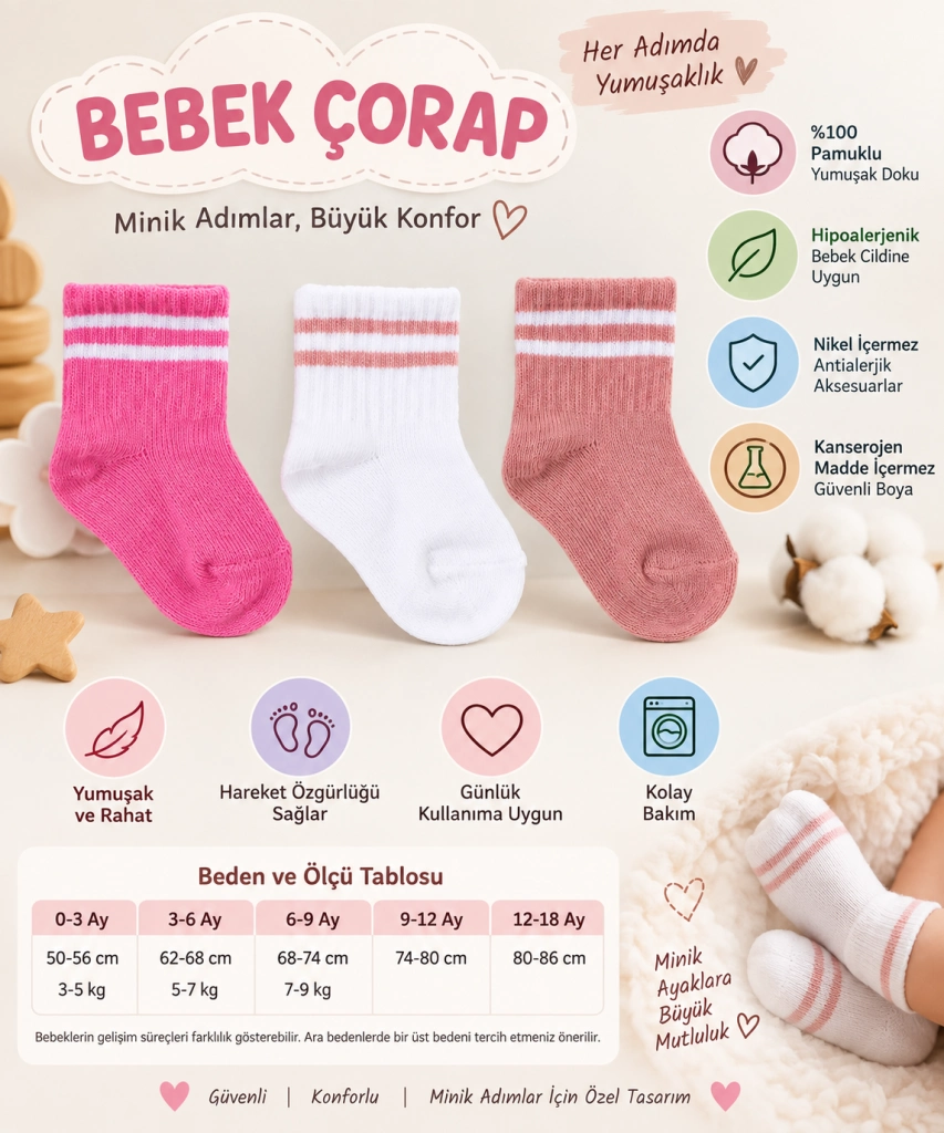 Renkli Bebek Çorap 1 Adet Rose Renkli