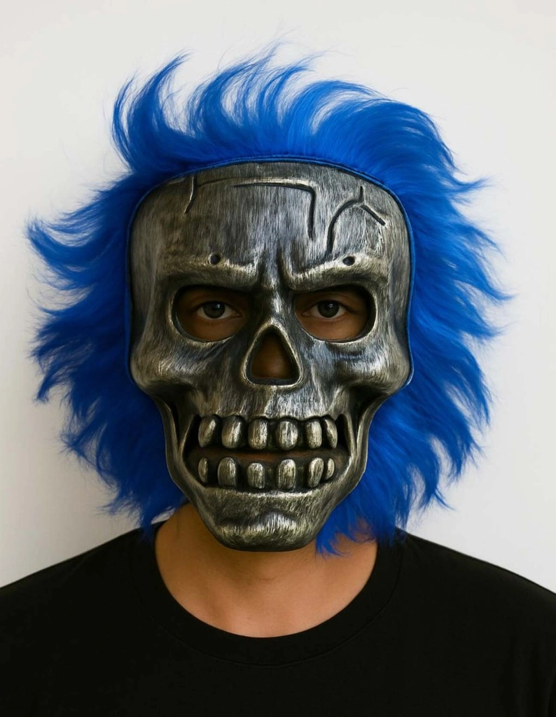 Mavi Saçlı İskelet Maske - Gümüş Kafatası Tasarım