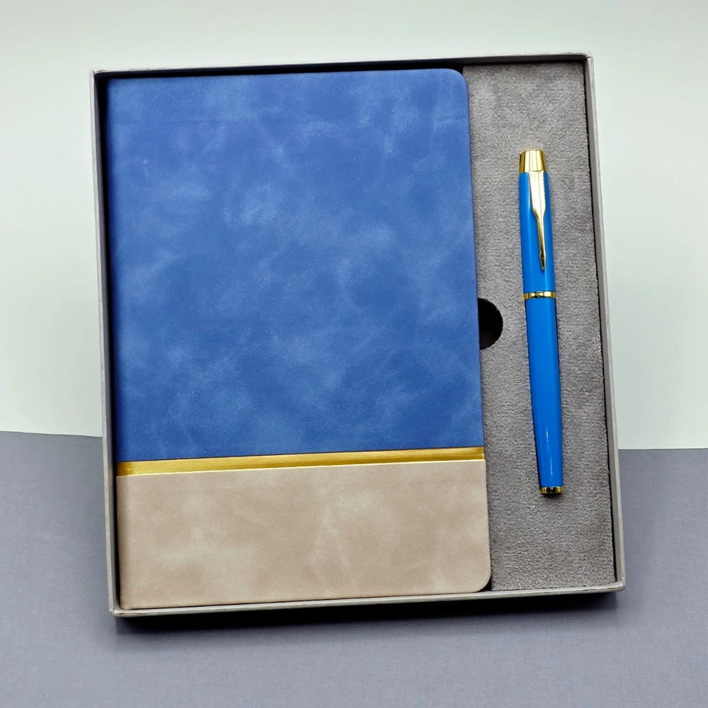 Şık Mavi Defter ve Kalem Seti 21x15 cm Hediye Kutusu