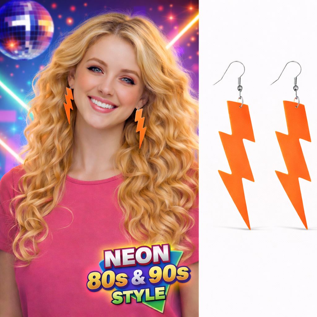 80?ler 90'lar Retro Neon Turuncu Şimşek Küpe 10 cm