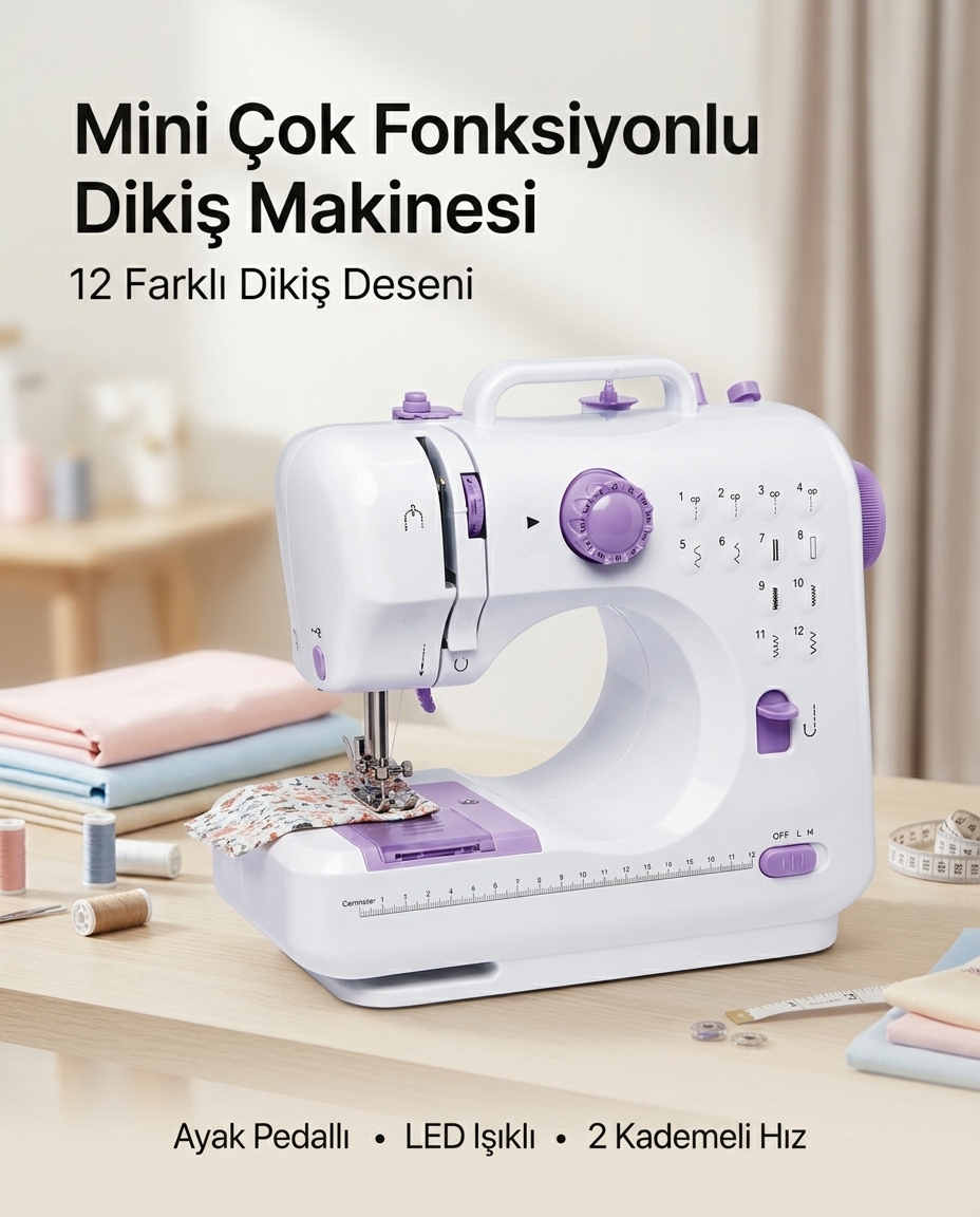 Ev Tipi Mini Dikiş Makinesi Ayak Pedallı LED Aydınlatmalı 12 Farklı Dikiş Desenli
