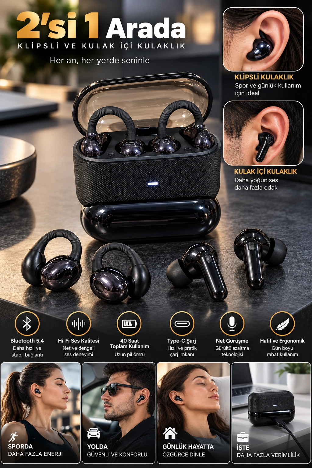 Şık Kablosuz Bluetooth Kulaklık 4 Kulaklıklı 2'li Set Siyah