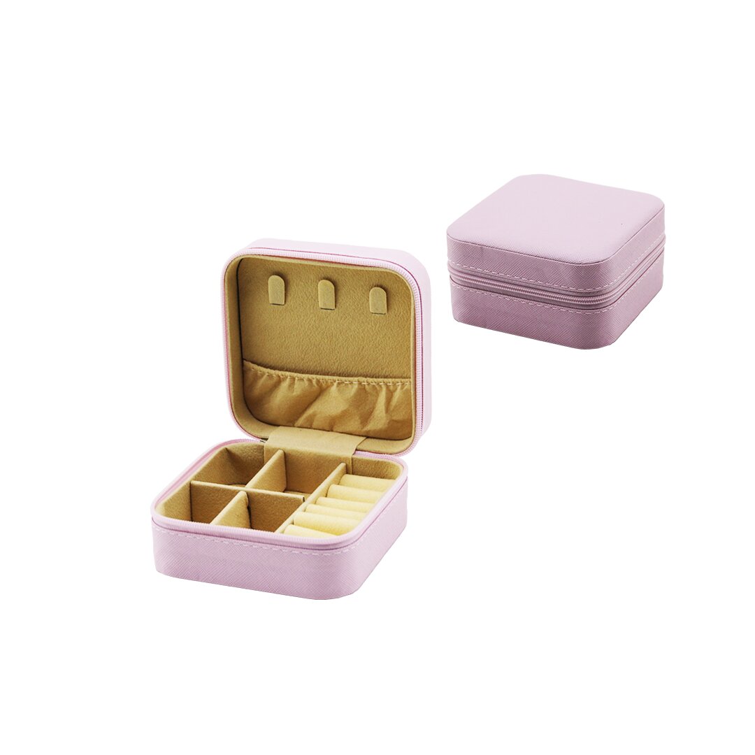 Mini Fermuarlı Takı Kutusu - Çanta Suni Deri 4 BÖLME+6 YÜZÜKLÜK+3 Küpelik+file =10X10CM - Y:5CM