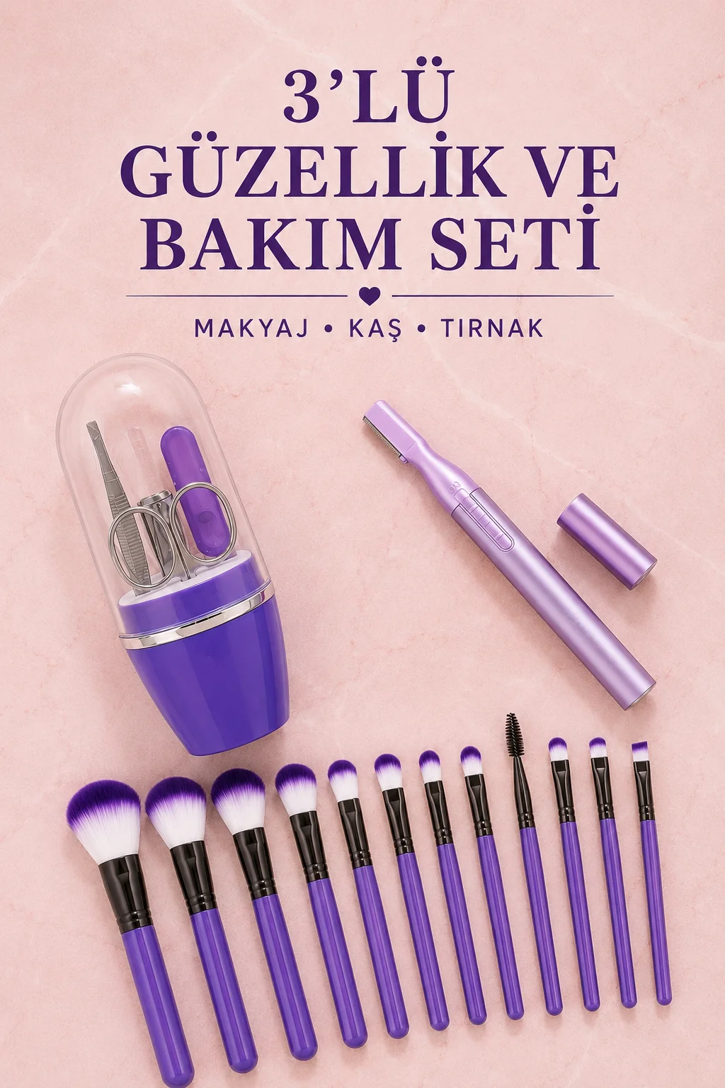 12’li Makyaj Fırça Seti Kaş Düzeltme Cihazı ve Tırnak Bakım Seti 3’lü Kadın Güzellik ve Kişisel Bakım Seti