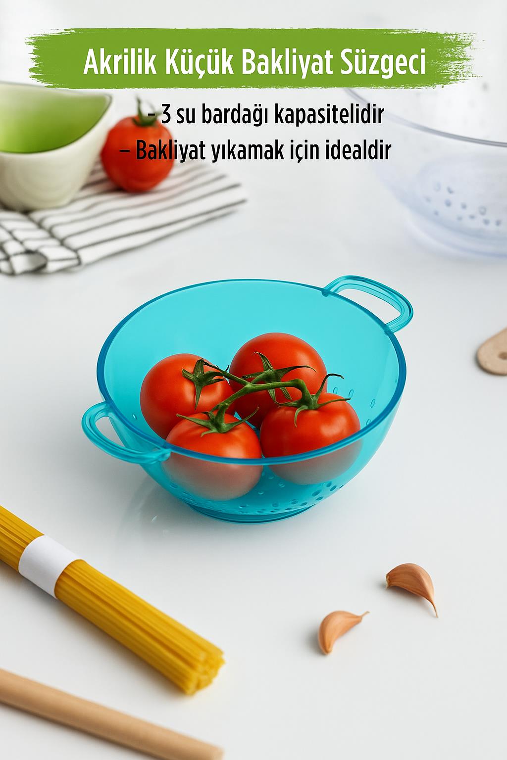 Akrilik Aquamarin Mini Pirinç Süzgeçi & Bakliyat Süzgeçi (3 SU BARDAĞI ÖLÇÜLÜ)