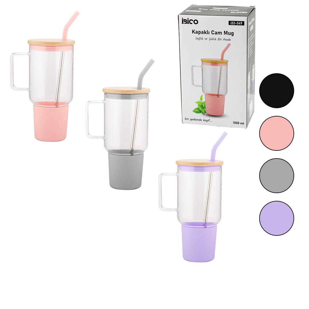 Cam 1000ML Matara - Suluk Bambu Kapak - Sızdırmaz Silikonlu Çelik Pipet Koruyucu Silikon Altlık - Kılıf
