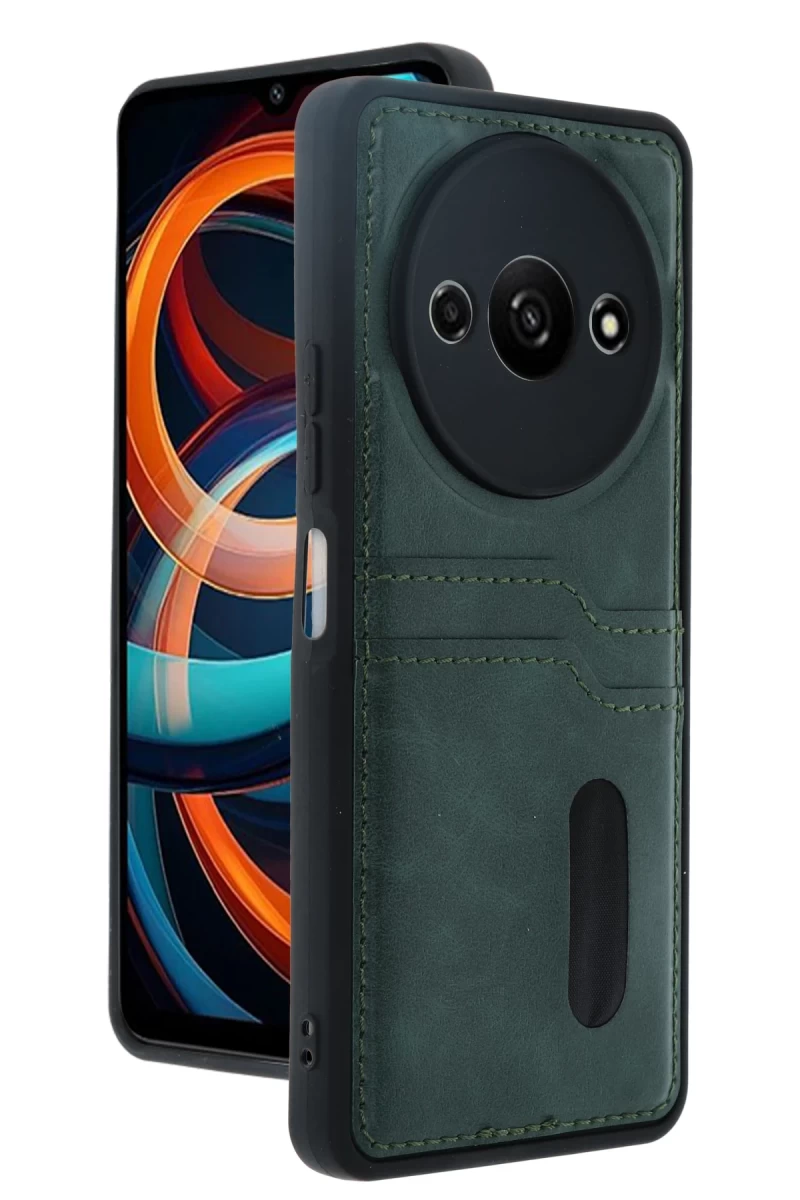 Xiaomi Redmi A3 4G Uyumlu Kılıf Sara Kartvizitli Deri Kılıf - Koyu Yeşil