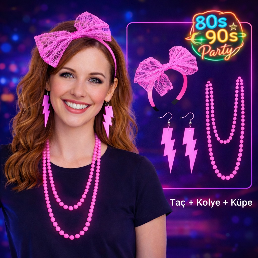 80?ler 90?lar Neon Pembe Parti Seti ? Kolye Küpe Taç