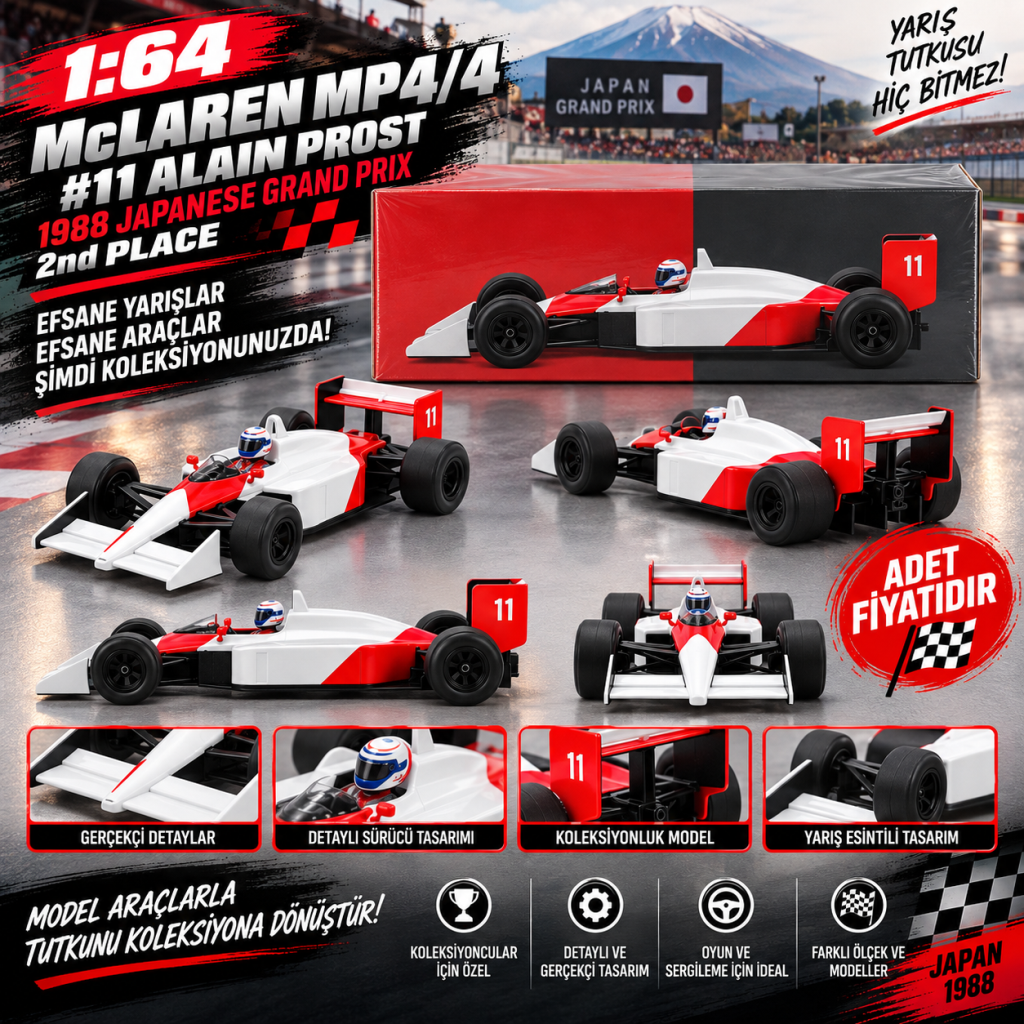 1/64 McLaren MP4/4 #11 Alain Prost 1988 Japanese Grand Prix 2nd Place (adet fiyatıdır)