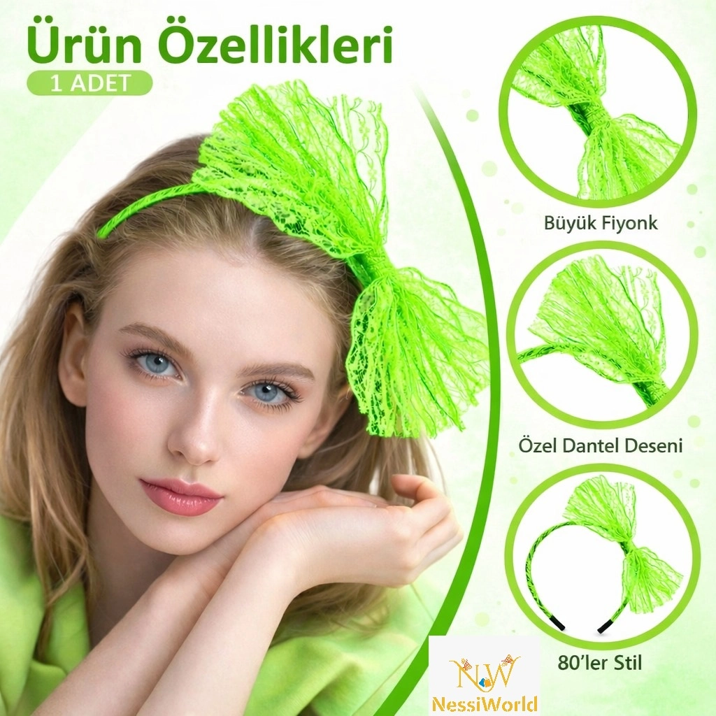 Neon Yeşil Dantel Taç Fiyonklu 80'ler 90'lar Tarzı