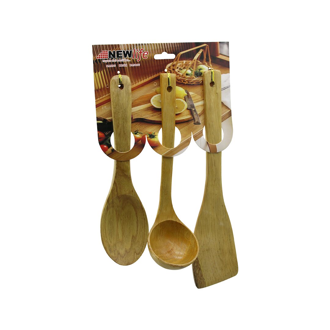 3PCS Ahşap Bambu Mutfak Servis Seti KAŞIK=27CM - KEPÇE=27CM - SPATULA=32CM