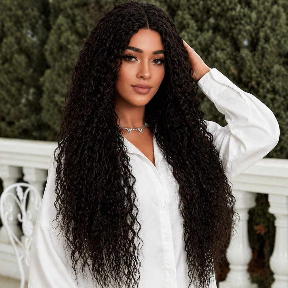 Afro Dalga Fiber Sentetik Tül Peruk - Koyu Kestane