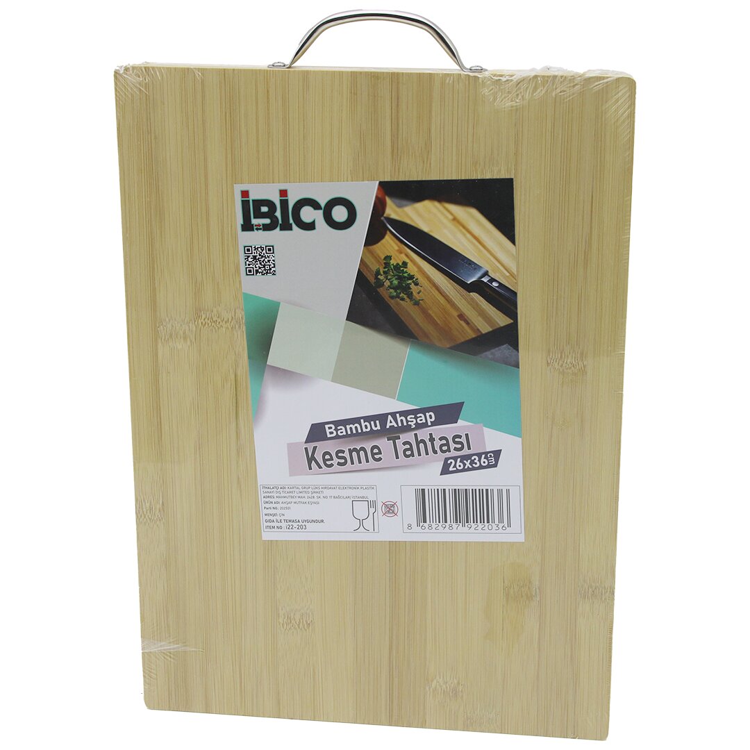 26X36 X 1.7CM Lux Ahşap Bambu Kesim Panosu - Kesme Tahtası Metal Kulplu
