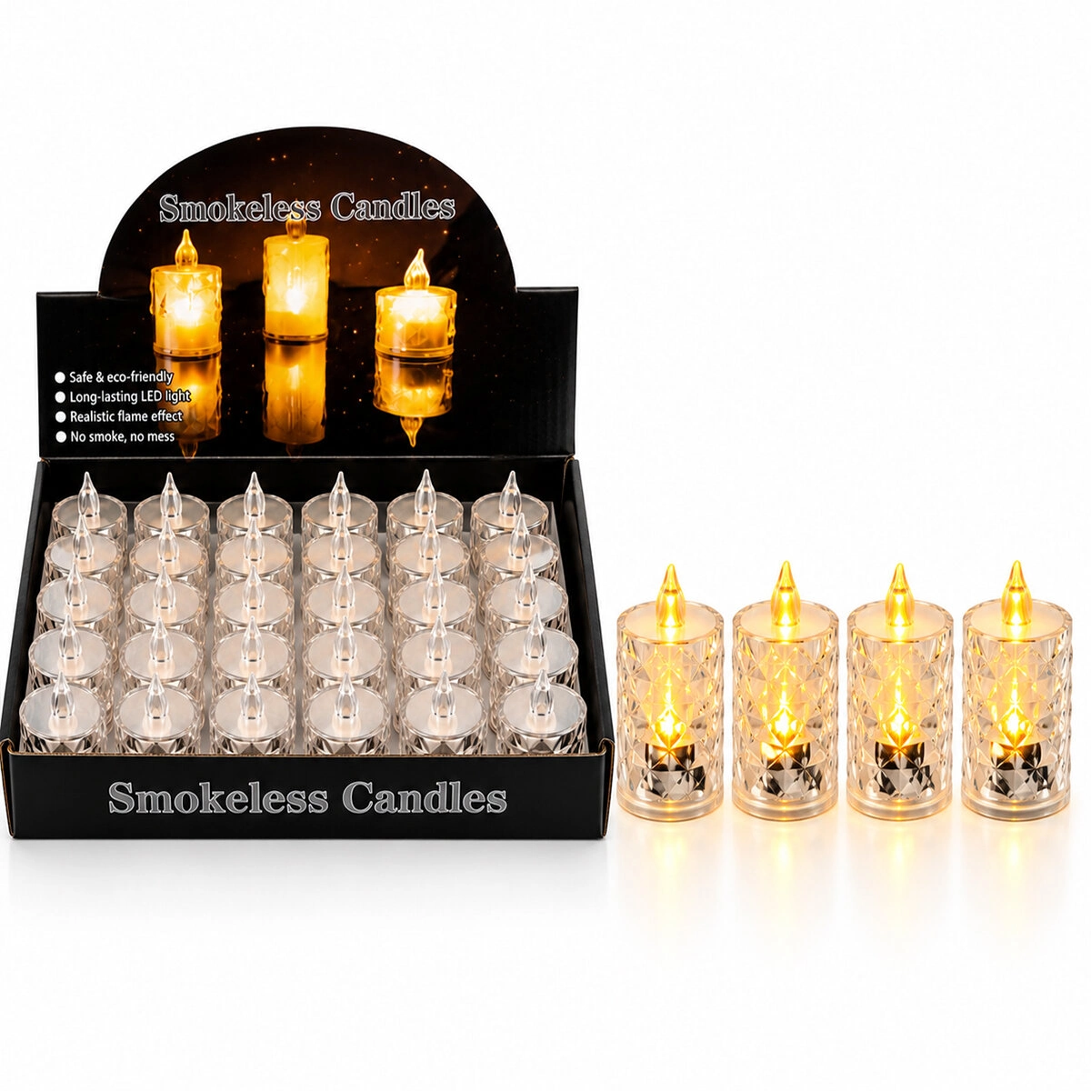Büyük Boy Kristal Mika LED Mum 3.8 cm 24 Adet Set