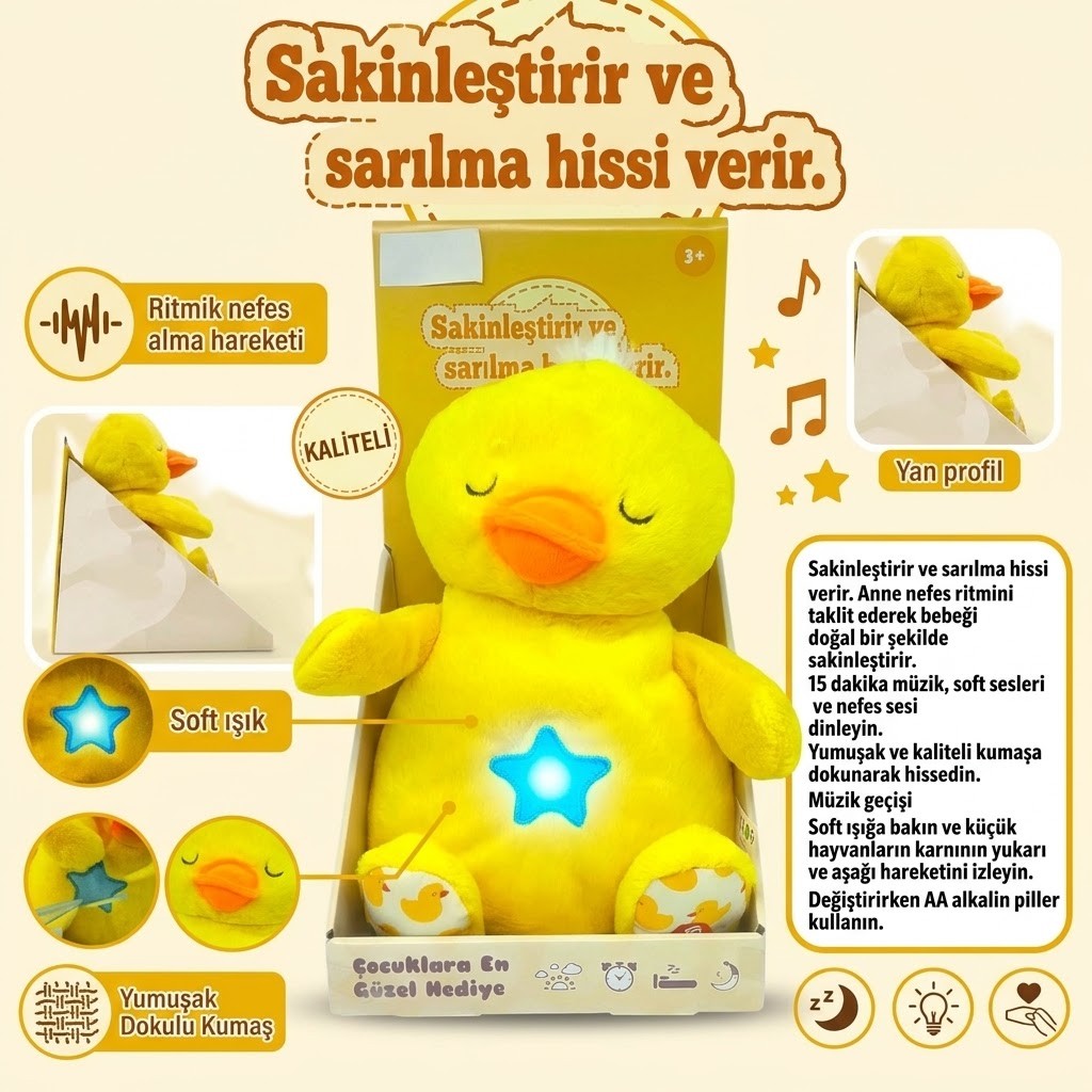 Nefes Alan Işıklı ve Müzikli Uyku Arkadaşı Peluş Civciv - Sakinleştirici Bebek Oyuncağı