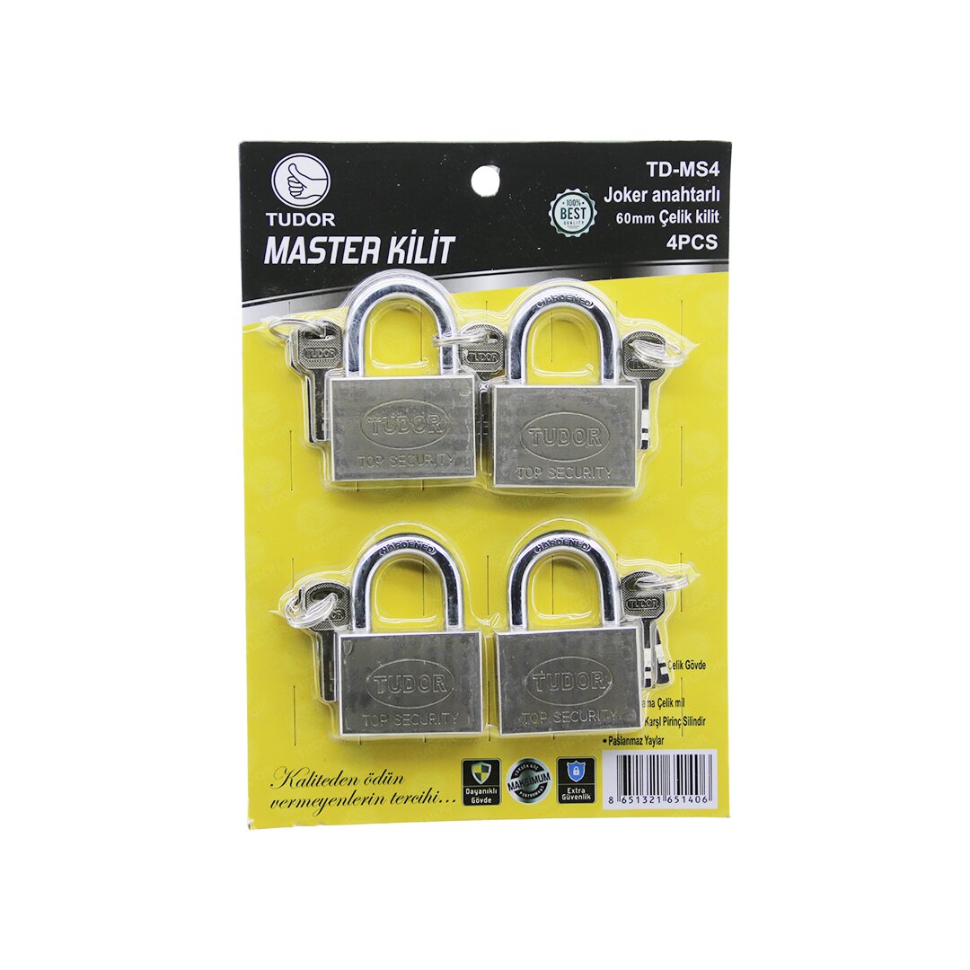 Tudor TD-MS4 Master 4PCS Joker Anahtarlı=tek Anahtarla 4 Kilit Aç 60MM - Gri Kısa Kancalı Çelik Asma Kilit