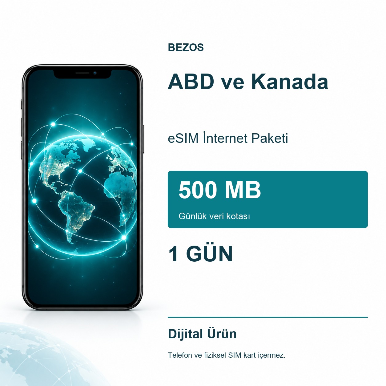 ABD ve Kanada eSIM İnternet Paketi Günlük 500 MB 1 Gün