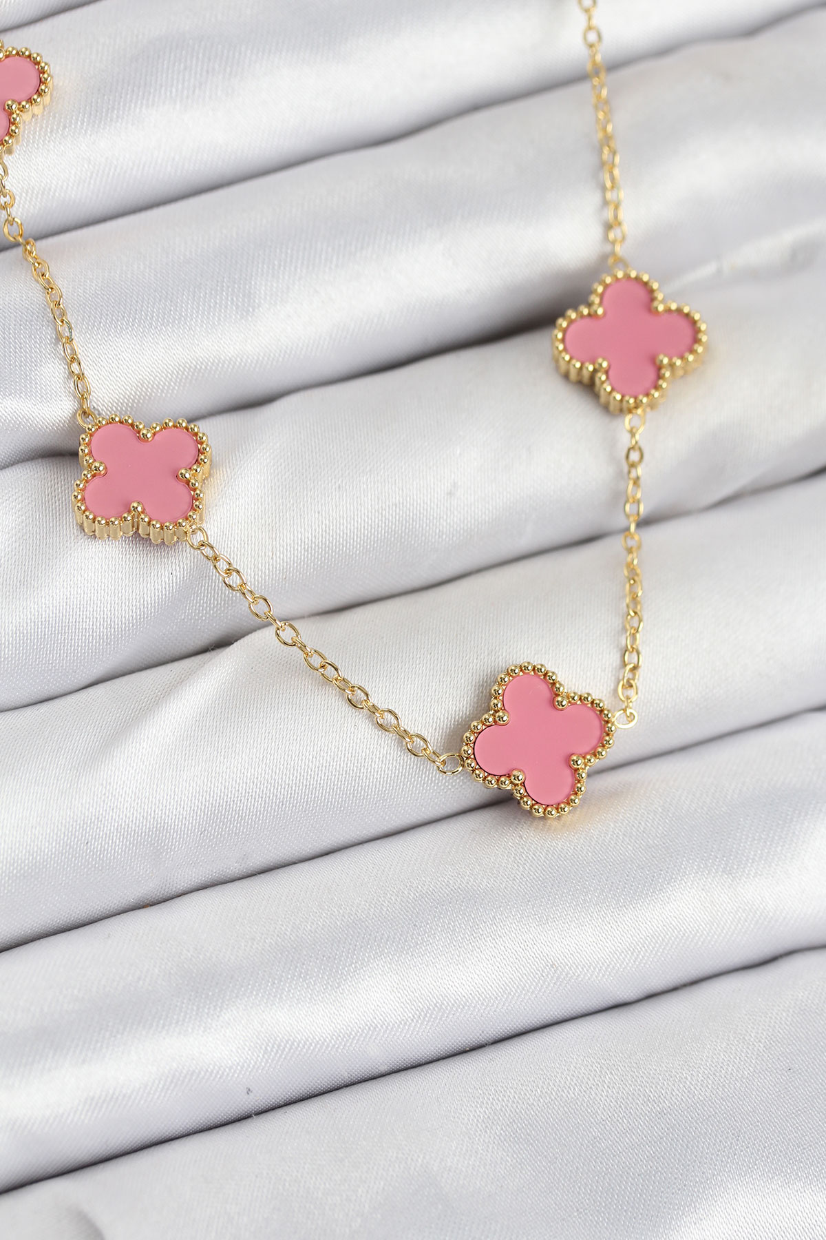 316L Çelik Zincir Gold Pembe Renk Yonca Kadın Kolye