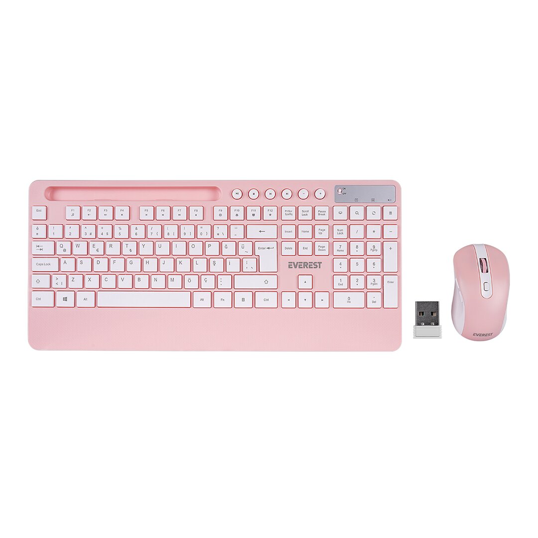 Beyaz - Pembe Kablosuz Klavye - Mouse Seti Tablet - Telefon Standlı Q Kalvye