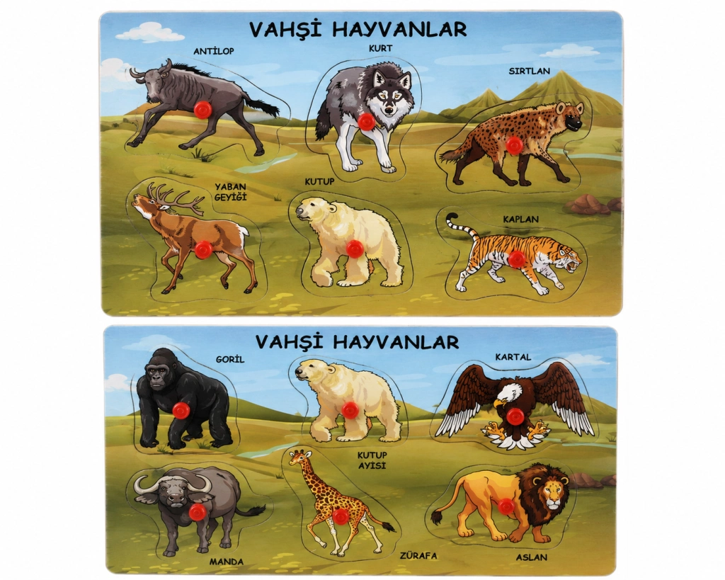 Vahşi Hayvanlar Ahşap Tutmalı 1 Adet Eğitici Oyuncak